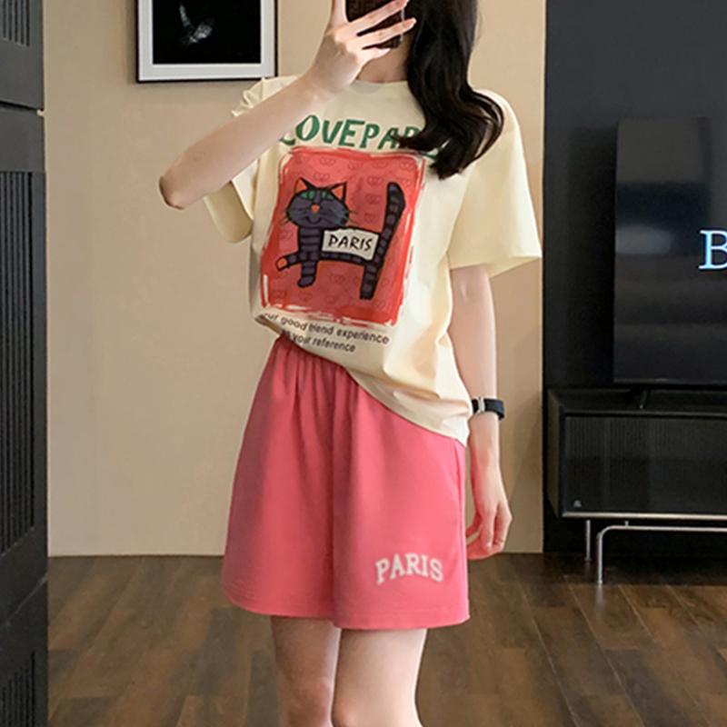 Academic style Casual sports suits for women summer Korean cartoon print loose short-sleeved t shirt and shorts y2k Running two-piece set young girl