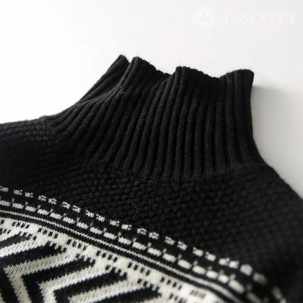 Fair Isle Pattern Jacquard Knit Long Sleeve Sweater Top Warm Fluffy Sleeves [J.SCOTT] Women's JS35-BK-L