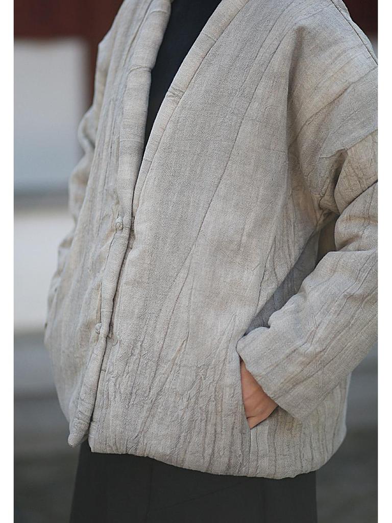 Vintage Chinese Tie-Dye Winter Cotton Coat with Buttons and Ramie Quilting