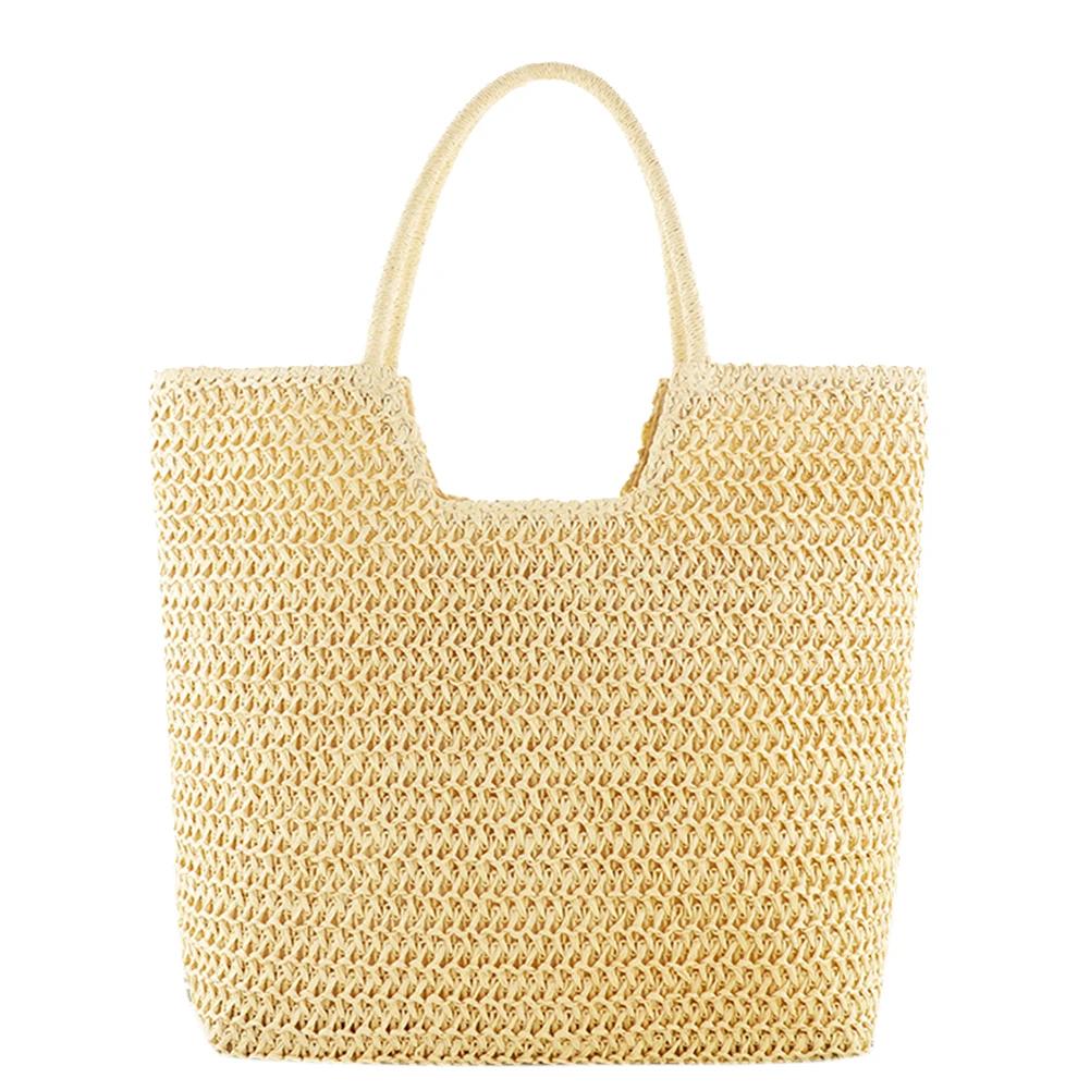 Women Straw Tote Handbag Large Capacity Crochet Beach Handbag Solid Color Weaving Travel Handbag Ladies Summer Daily Bag