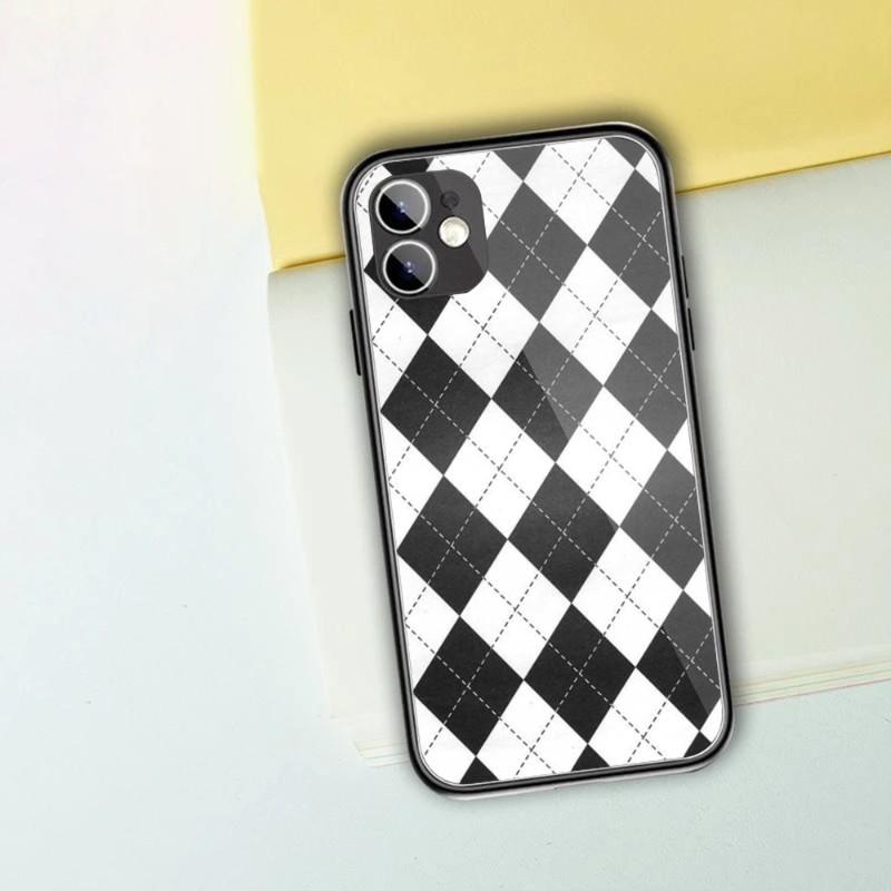 Black White Checkered Phone Case For IPhone 13 12 11 XS X 8 7 6 Plus Mini Pro Max SE 2022 Black PC TPU Glass Phone Cover