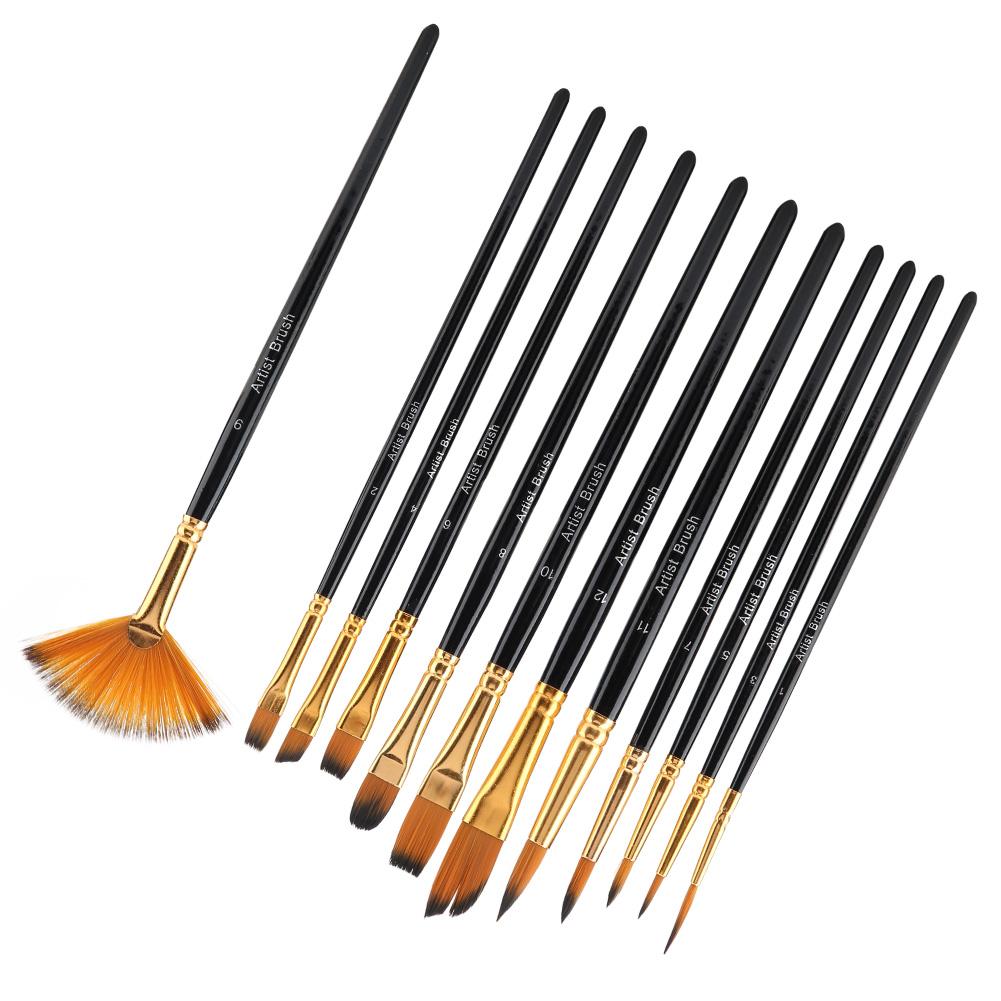 12pcs Black Wooden Pole Nylon Hair Paint Brush Set Art Craft Painting Watercolor Brush Kit