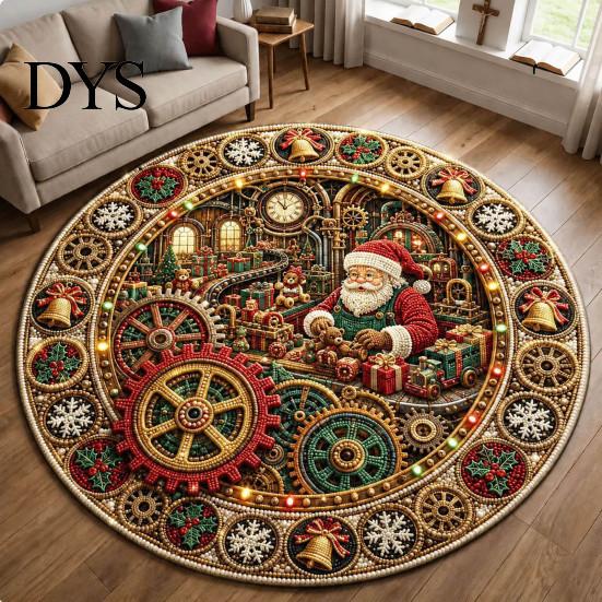 Durable Floor Rug for Holidays Round Christmas 3D Rug, Optical Illusion Area Santa Gnome Mat Holiday Decor Pattern, Non-slip Living Room Entryway