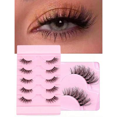Lashes 5 Pairs Faux Mink Lashes Cat Eye, Fluffy Wispy Transparent Stems Reusable False Eyelashes  Makeup Tools