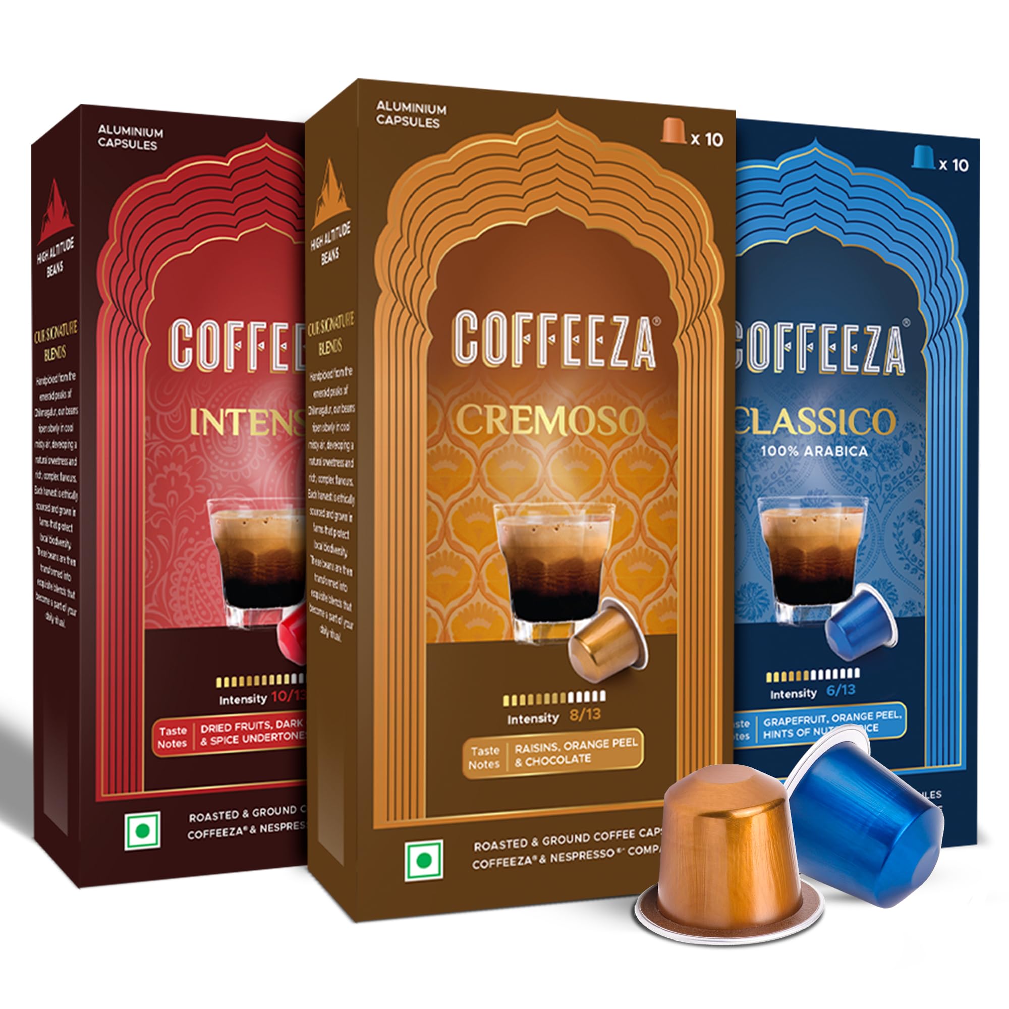 COFFEEZA Aluminium Coffee Capsules| Variety Pack of Intenso, Classico & cremoso coffee Pods| Compatible with Nespresso® Original Machines- Box of 3