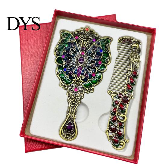 Vintage Peacock Hair Comb Mirror Set, Embossed & Handheld Rhinestone Makeup Mirror, Hand with for Women Retro Carved