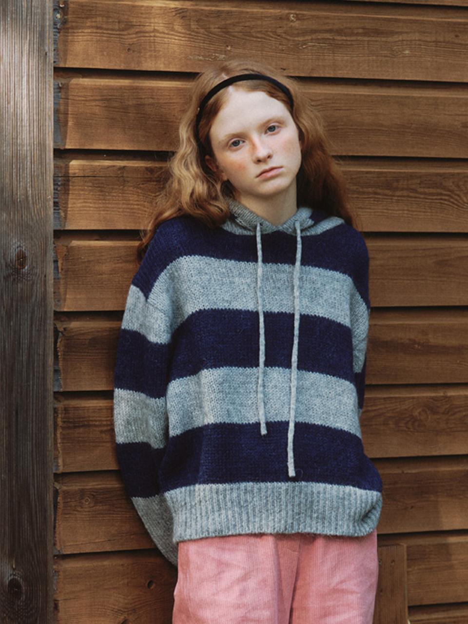 Cluny Mohair Stripe Hoodie Knit - Navy Navy/Free