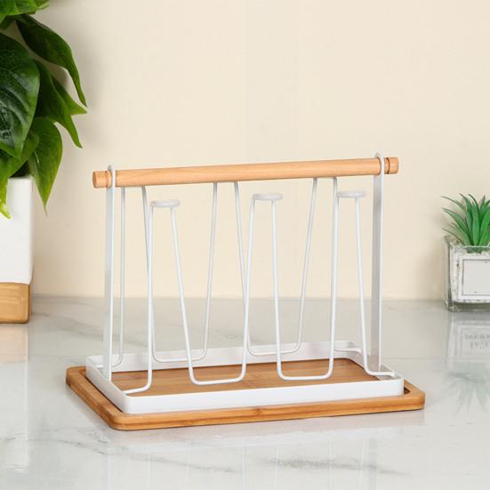 Iron Cup Drying Rack with Wood Handle & Drip Tray Baby Bottle Dryer Holder Space-Saving Countertop Organizer for Mugs