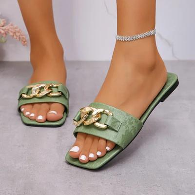 Fashion Shoes for Women 2024 Hot Sale Square Toe Women's Slippers Summer Open Toe Chain Solid Outdoor Casual Beach Large Size Slippers