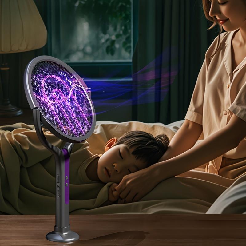 2 In 1 Foldable  Electric Mosquito  Swatter Rechargeable Rotating Head With Purple Light Indoor Outdoor Camping Retractable Pole