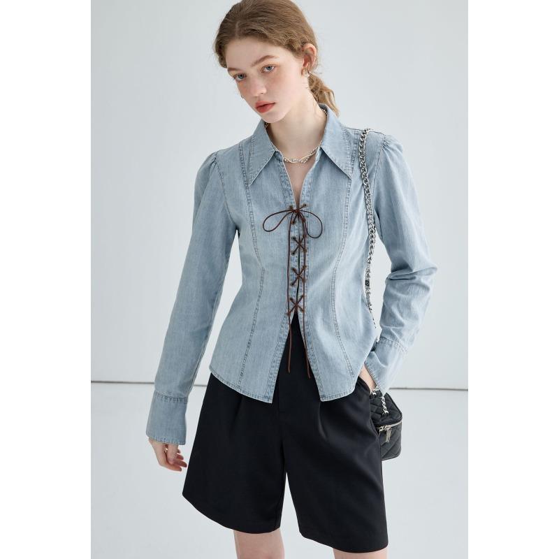 Women's Spring New Design Tie Long Sleeve Split Waisted Denim Shirt Top