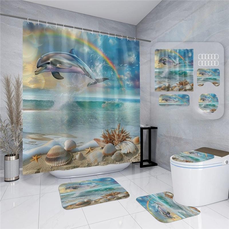 18 Colors 4Piece Marine Style Dolphin Waterproof Shower Curtain Set Anti-slip Mat Base Carpet Toilet Cover Pad Bathroom Kit