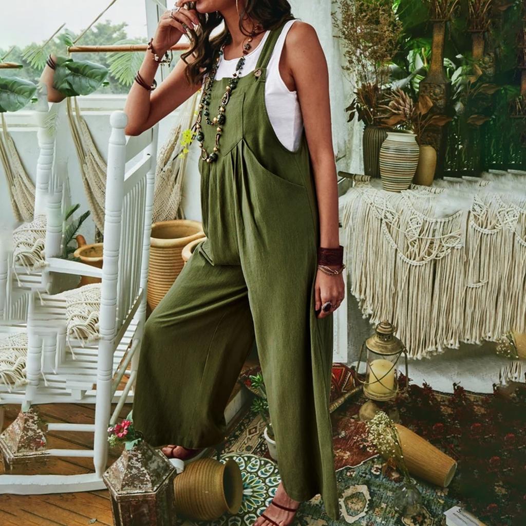 Women's Summer Casual Color Sleeveless Sling Pocket Wide Leg Side Button Jumpsuit