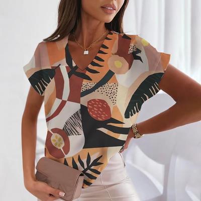 Fashion Irregular Blocks Printing Blouses Short Sleeve V-Neck T Shirts Casual
