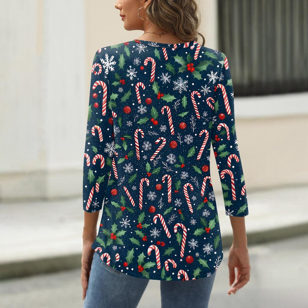 Damen T-Shirt mit Weihnachtsdruck, 3/4-Ärmel, für den Alltag, Wochenendmode, Basic, Rundhalsausschnitt, normales Oberteil