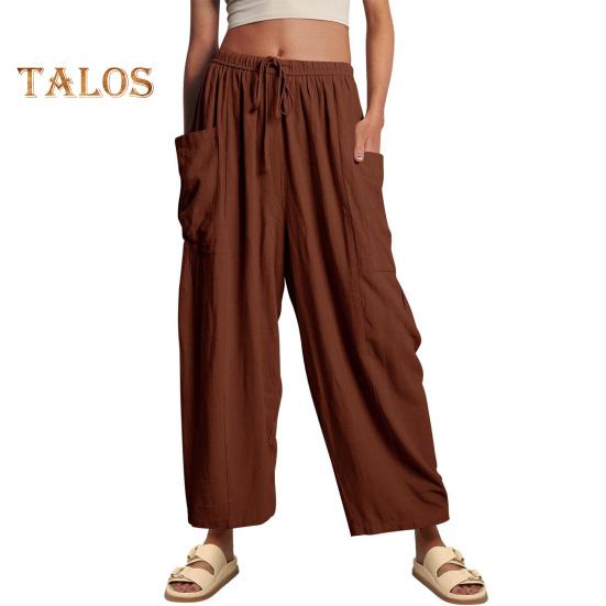 

Женские повседневные брюки, эластичные прямые широкие брюки с высокой талией и карманами, длинные свободные брюки с регулируемым шнурком XL кофейный