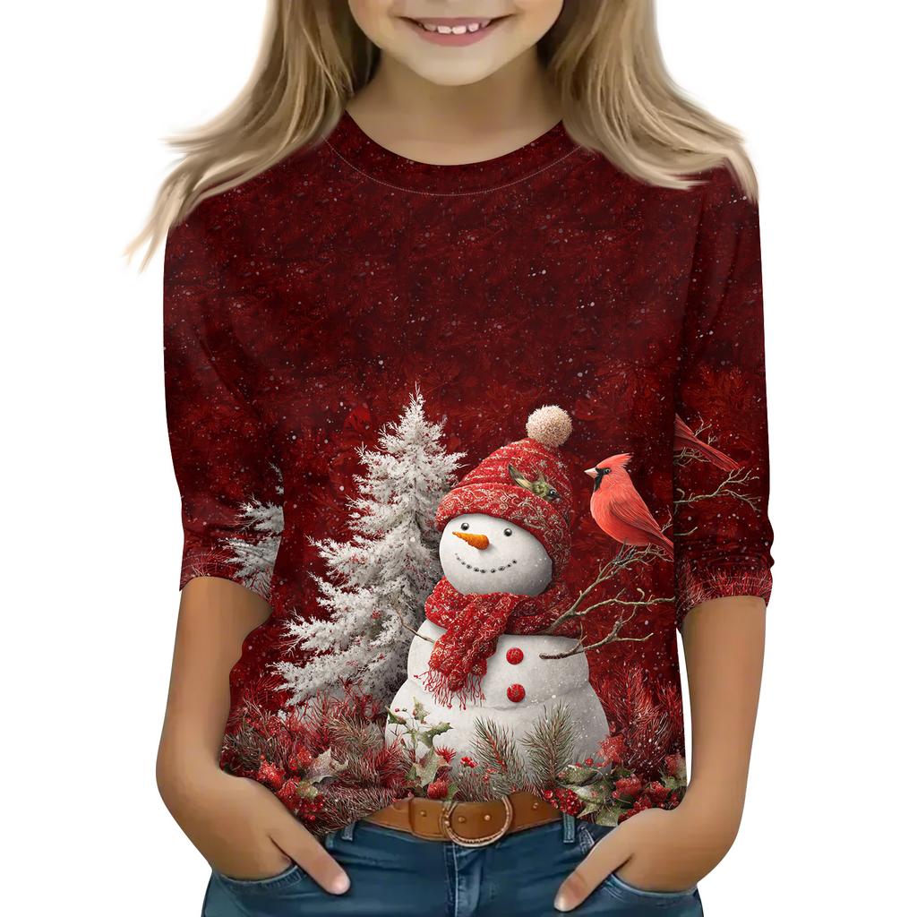 Christmas Day Print Tops For Youth Girls 4-11 Years Round Neck 3/4 Sleeves T-Shirts Trendy Tops Outfit Tees