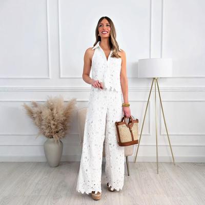 2026 New Women's Embroidered Hollow V-neck Vest Top, Wide Leg Straight Leg Pants Set
