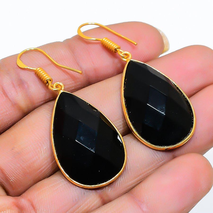 Black Spinel Gemstone Handmade 925 Sterling Silver Jewelry Earring 1.85" GK-5219