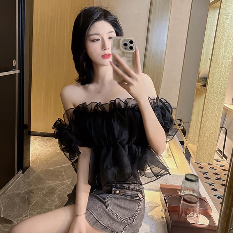 Women Short Puff Sleeve T-shirt Chiffon Short Puff Sleeves Breathable Apricot Sweet Square Neck Top