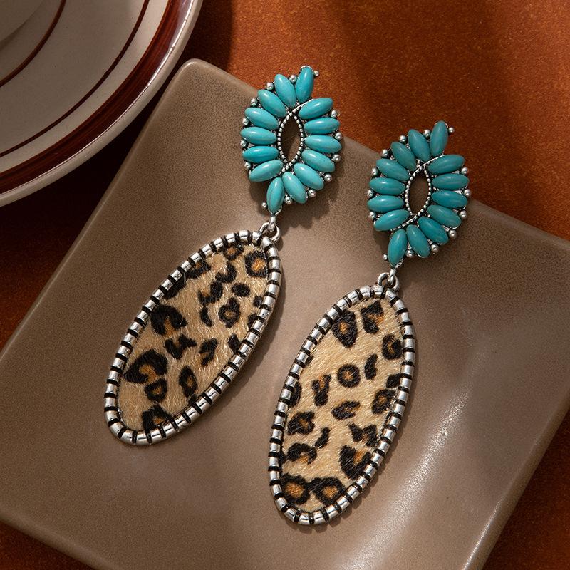 Oval Leopard Print Turquoise Earrings High-End Bohemian Earrings Women'S Fashion Heavy Industry Ear Jewelry