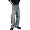 Mens Relaxed Fit Straight Leg Denim Pants With Hand-Painted Splatter Wash Distressed Rips Mid-Rise Cotton Blend All Season