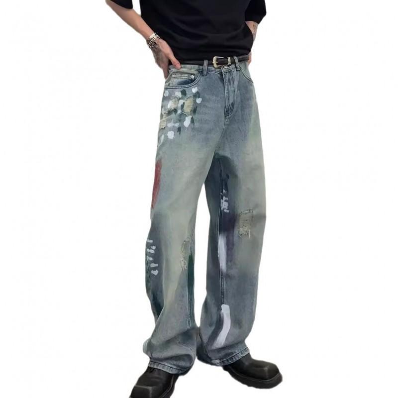 Mens Relaxed Fit Straight Leg Denim Pants With Hand-Painted Splatter Wash Distressed Rips Mid-Rise Cotton Blend All Season