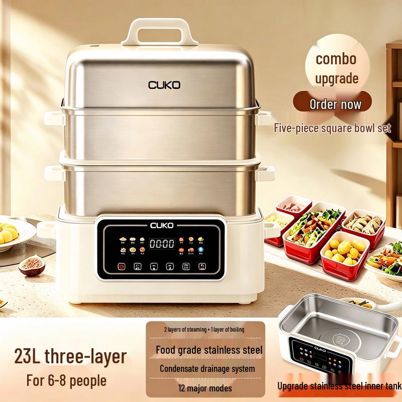 CUKO Pentola Elettrica Multi-strato Intelligente e Vaporiera: Elettrodomestico Domestico All-in-One per Stufare, Cuocere al Vapore, Tre Strati.