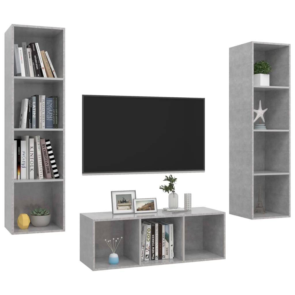 3 Piece Wall Mounted TV Cabinet Set Concrete Grey Particleboard