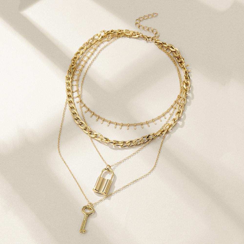 Stunning Multi-layer Gold Lock Chain Necklace For Women In Geometric Style Perfect For Gifts