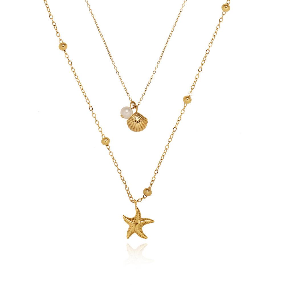 Fashion Double Layered Starfish Shell Pearl Necklace for Women Stainless Steel SeaShell Charm Necklaces Summer Beach Jewelry