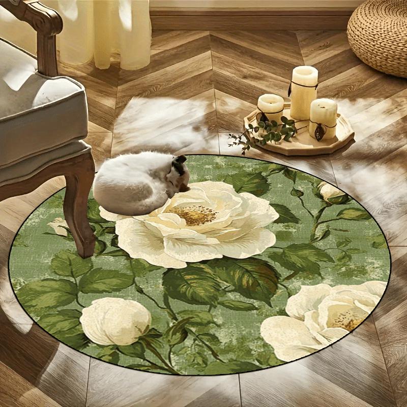 

Візерунок з білих троянд та зеленого листя, кругла форма, килимки для підлоги, кухонний килимок-доріжка для коридору, м який килим для спальні та вітальні, нековзний килим 60X60cm