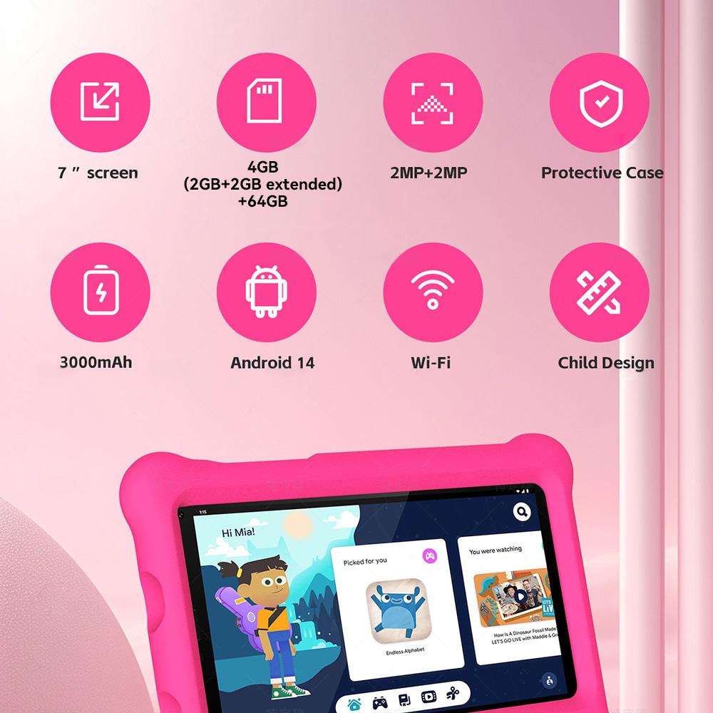 G-tab T7 Pro Kids Tablet, 7 Inch 1024*600 IPS Screen, Android 14, 1.5GHz Quad-core CPU, 4GB RAM (2GB +2GB Expansion) 64GB ROM