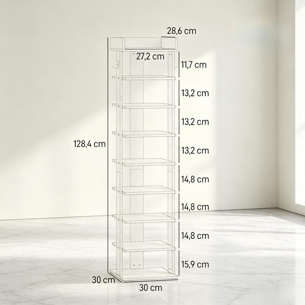 Shoe rack with 9 levels, storage for up to 9 pairs of shoes with top shelf and 2 hooks