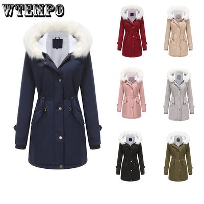 Detachable Fur Collar Down Jacket Women's Long Sleeved Parka Jacket Hooded Warm Cotton Jacket Velvet Coat Cotton Jacket Women's Autumn and Winter Coat