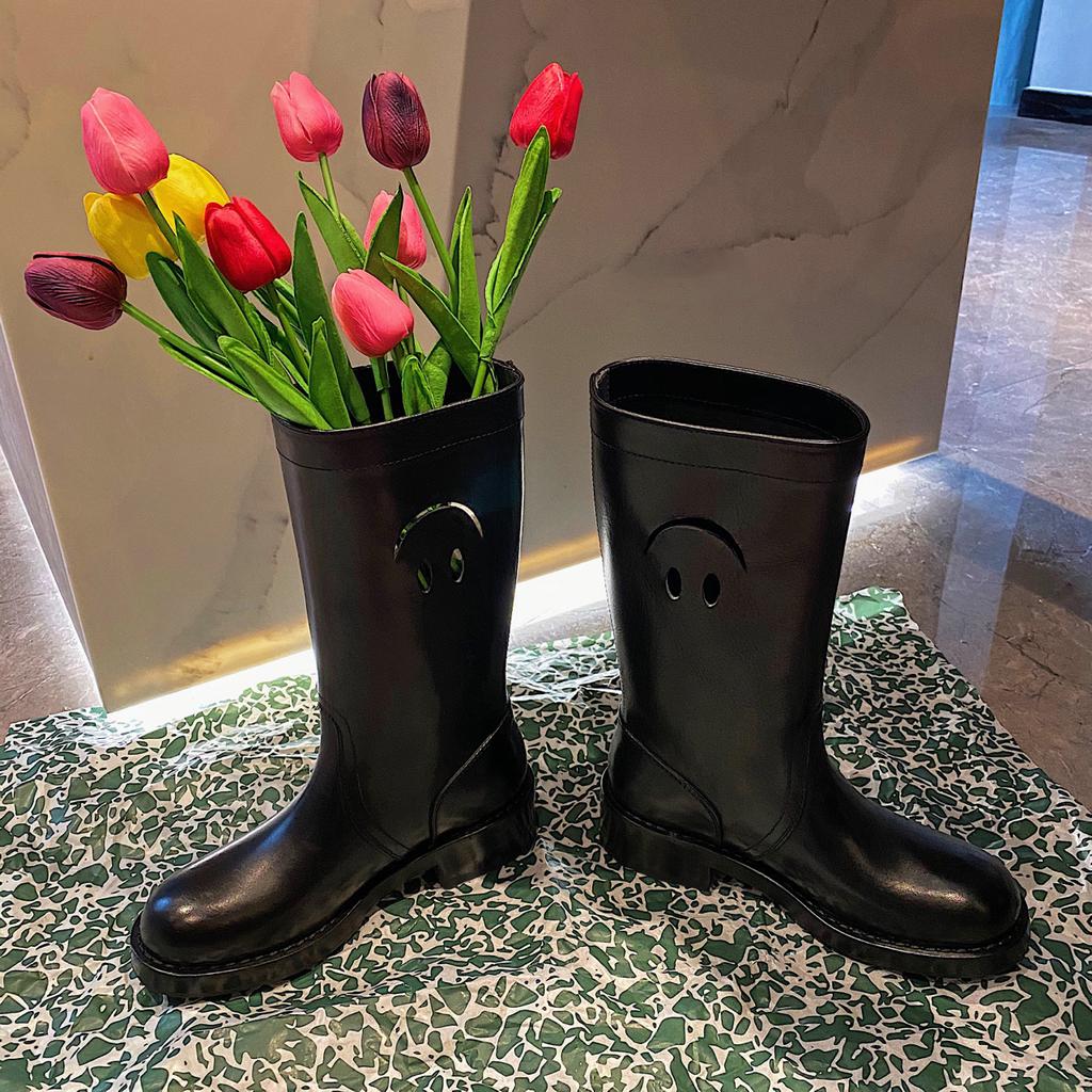 Sheepskin Version~ Fat Mm Thick Legs Leather Smiley Face Medium Boots Women's Wide Tube Thick Sole Martin Boots Knight Short Boots Western Boots