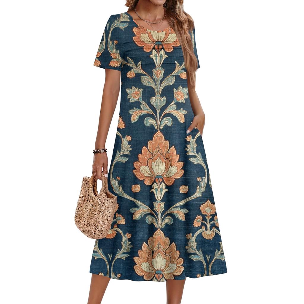 Ladies' Floral Printed Casual And Fashionable Short Sleeved Round Neck Dress