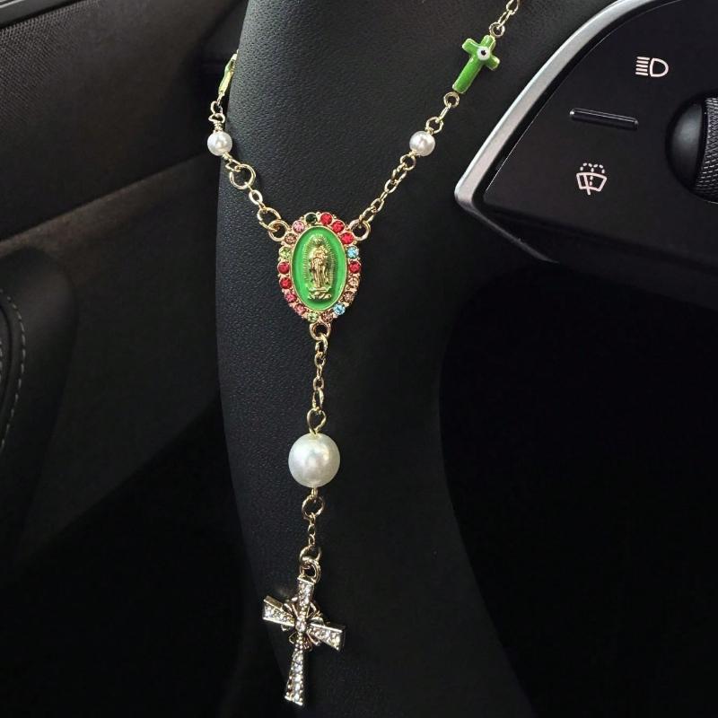 1pc Pink Pearl Cross Steering Wheel Rosary Ornament, Rosary Car Pendant Accessory, Unique Fashion Car Decor Accessory