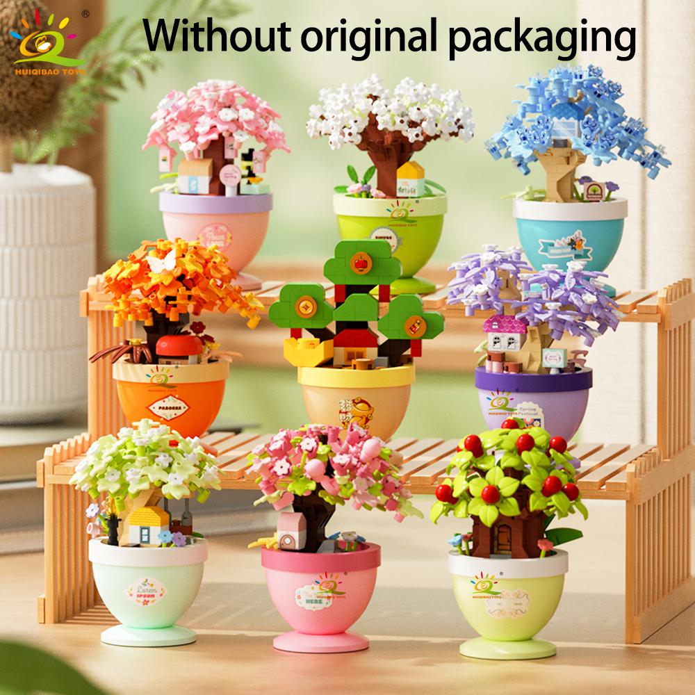 MOC Model HUIQIBAO Flower with pot Micro Building Block Sunflower Rose Eternal Bouquet Mini Diamond Brick Toy for Desk Children