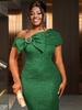 Plus Size Elegant One-Shoulder Jacquard Dress with Bow Waist and Hip-Hugging Mid-Length Skirt for Formal Events