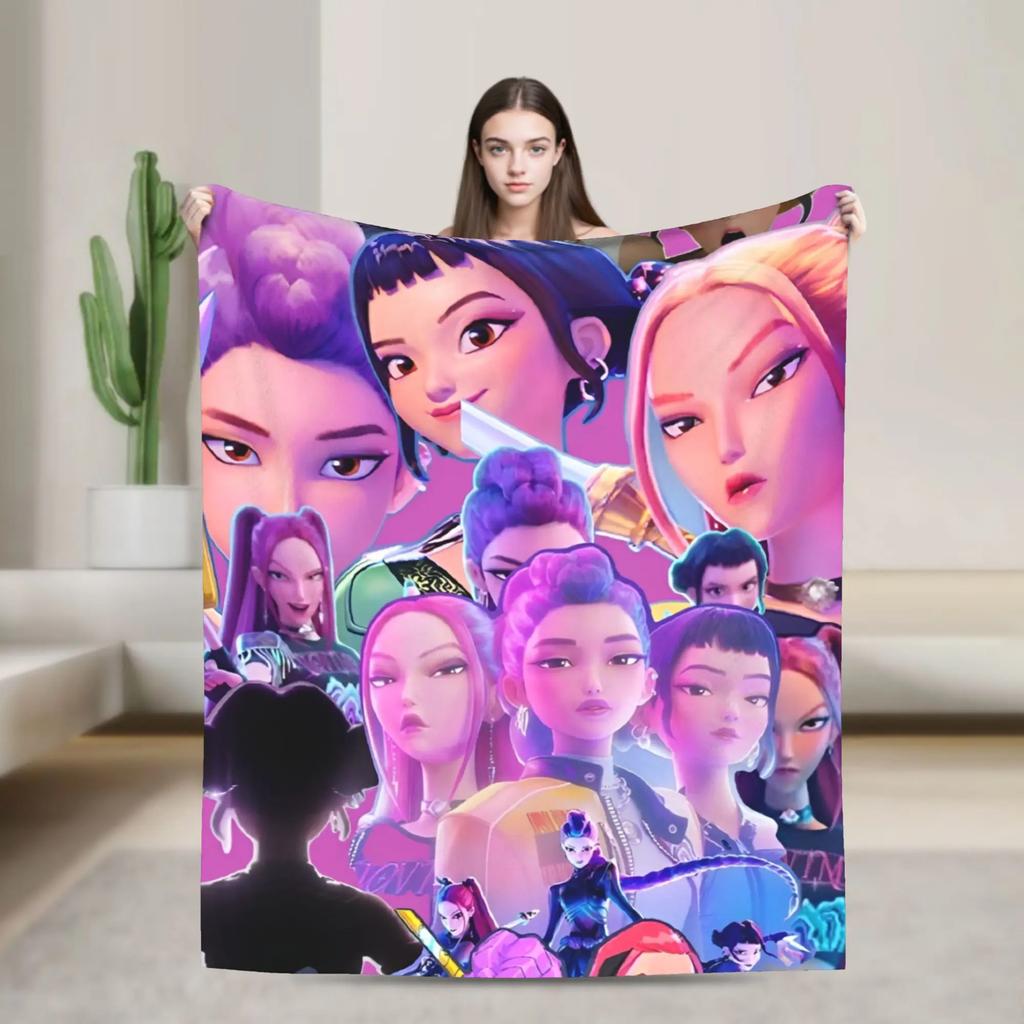 Kpop Demons Huntrix Hunters Flannel Throw Blanket Rumi Mira Joey Creative Bedspread Rug xcm Soft Cozy