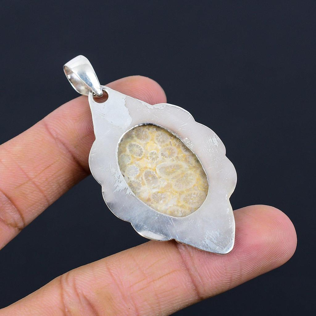 Womens day Sale Natural Fossil Coral Wedding Pendant Jewelry 925 Sterling Silver