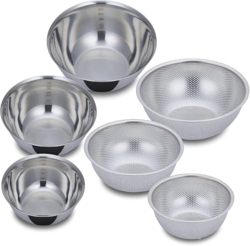 KAI Stainless Steel Bowl (Perforated) and Colander 6-Piece Set - Kitchen Utensils for Single Person Use - 18cm, 21cm, 24cm - Stainless Steel - Stackab