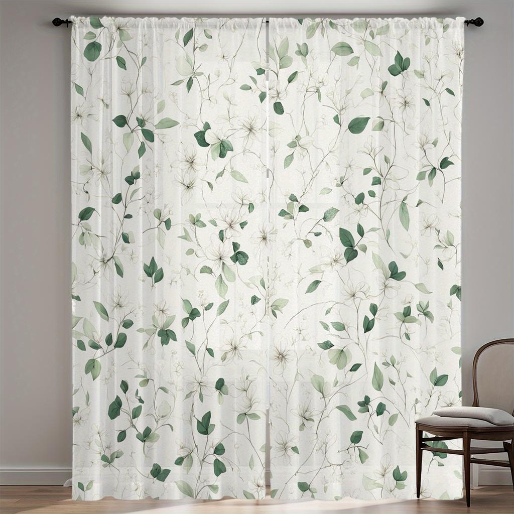 2Pc Green Branches And White Flowers Pattern Curtains, Polyester Fabric, Machine Washable, Suitable For Living Room And Bedroom