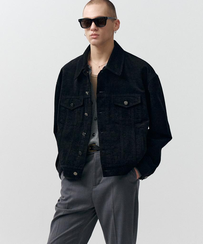 Noirer Velvet Texture Denim Trucker Jacket (Black)