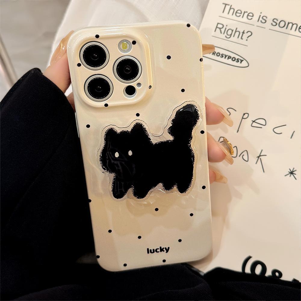 Cute Polka Dot Cat Stand Mobile Phone Case Suitable for 13 Apple 14 Promax Film Iphone 15 Soft 16