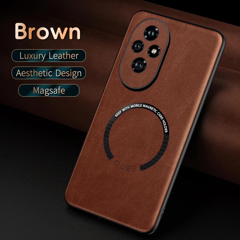 OLGE Luxury Texture Classic Leather Case for Huawei Honor 200 Support Car Mount Magnetic Stand Wireless Charging Protective Case