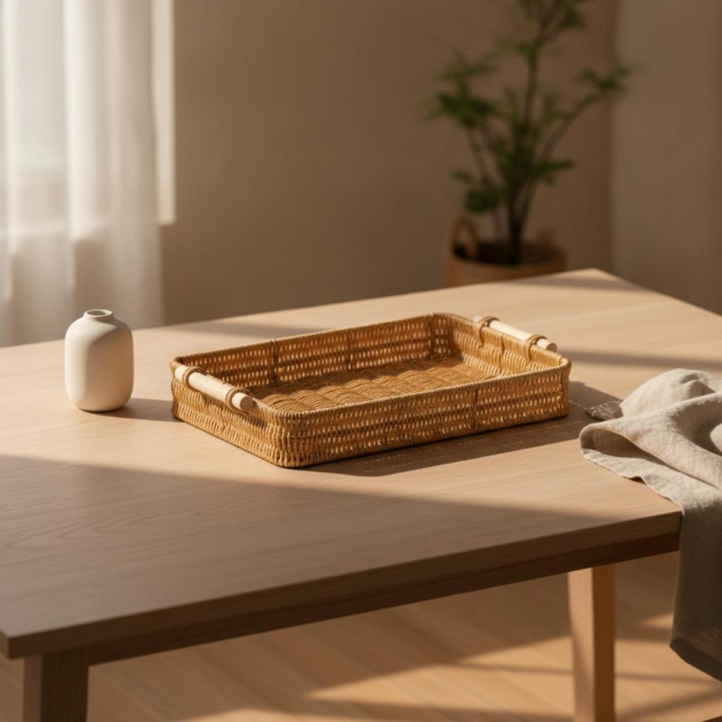 Serving Tray with Handles Natural Rattan Woven Basket Rustic