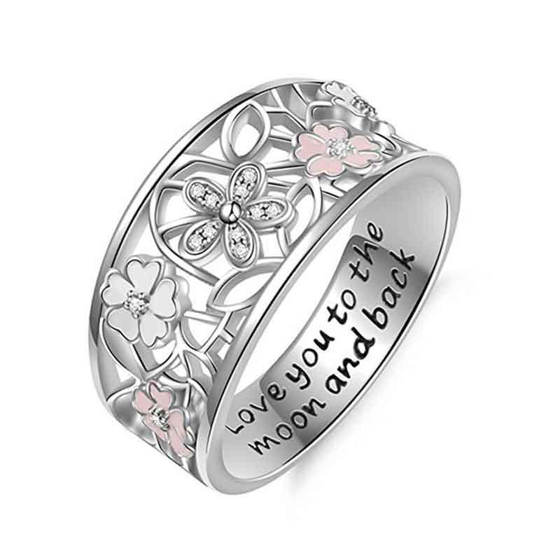 Sapphire Flower Pink Diamond Lucky Cherry Blossom 4 Leaves Clover Ring Eternity