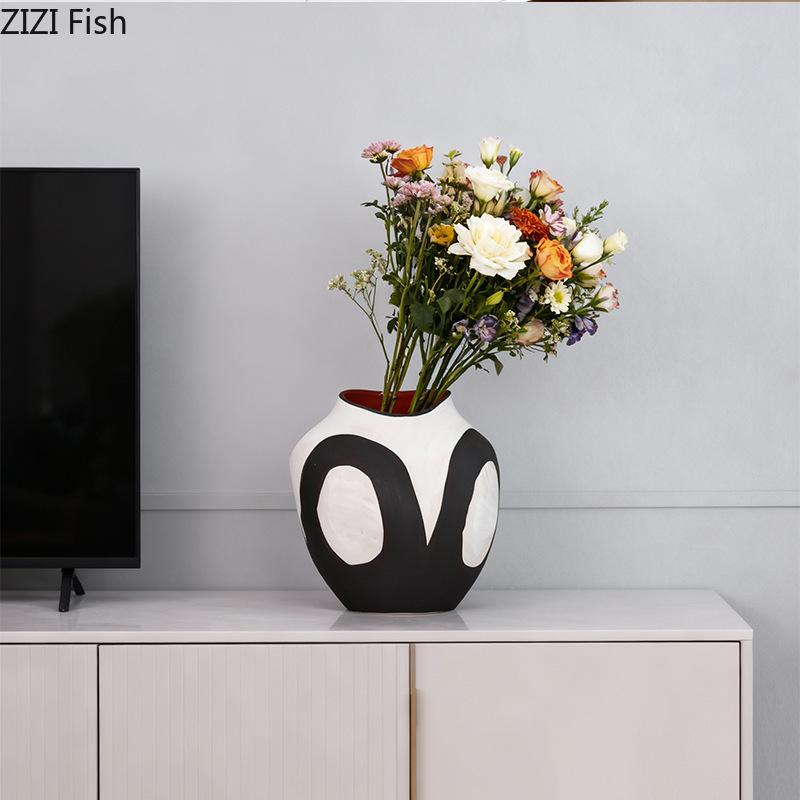 Abstrakte Schwarz-Weiß Keramikvase Kreative Blumentöpfe Schreibtischdekoration Blumenarrangement Florale Vasen Raum Ästhetische Deko